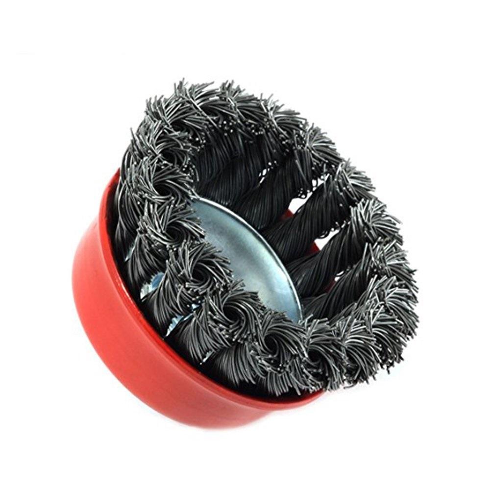 Wukusy 195 wire wheel cup brush in black, suitable for power and hand tools, with bristles designed for cleaning and surface preparation.