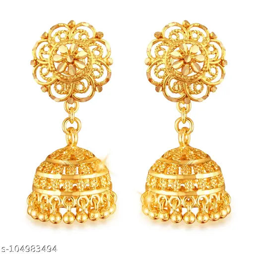 Stylish golden women's earrings and studs with a free size design, featuring a sleek and fashionable look by 19670.