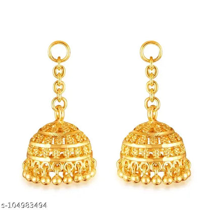 Gold women's earrings and studs featuring stylish golden jummer design, showcasing elegant, free-size jewelry for women.