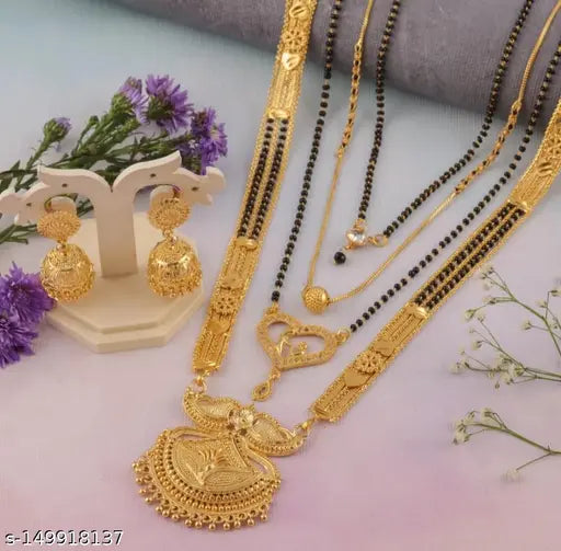 Gold-plated women's jewellery set including 30-inch and 18-inch mangalsutra necklaces with earrings, pack of 5.