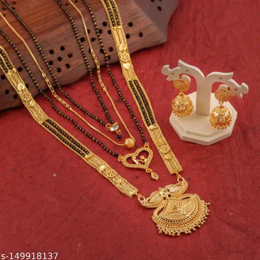 Gold-plated women's mangalsutra jewelry set with 30-inch and 18-inch necklaces, pendant, earrings, in a pack of five.