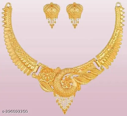 Golden jewellery set for women featuring earrings and necklace, designed by 19670, with a stylish and elegant look.