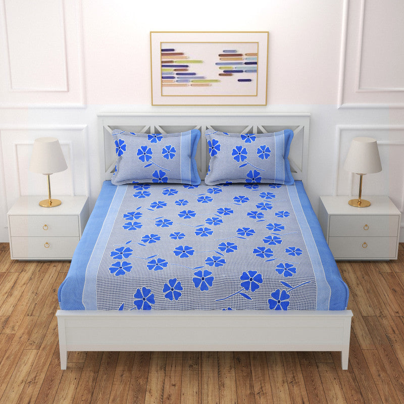 Blue microfiber double bedsheet with two pillow covers, 88x88 inches, by brand 19676, showing soft fabric and bedding set.