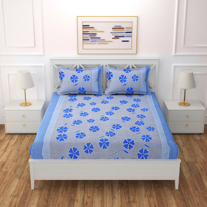 Blue microfiber double bedsheet with two pillow covers, 88x88 inches, by brand 19676, showing soft fabric and bedding set.