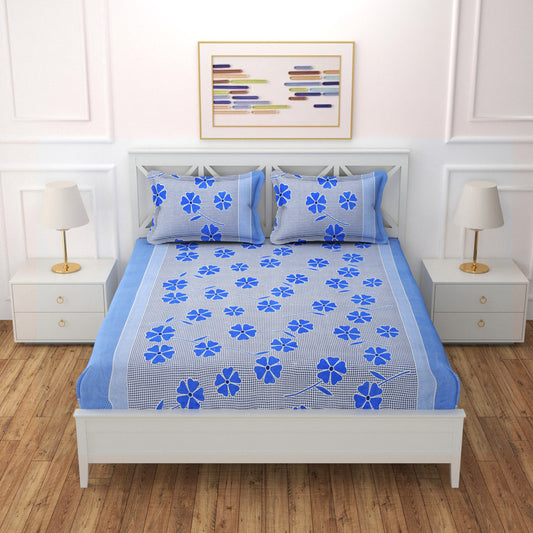 Blue microfiber double bedsheet with two pillow covers, 88x88 inches, by brand 19676, showing soft fabric and bedding set.