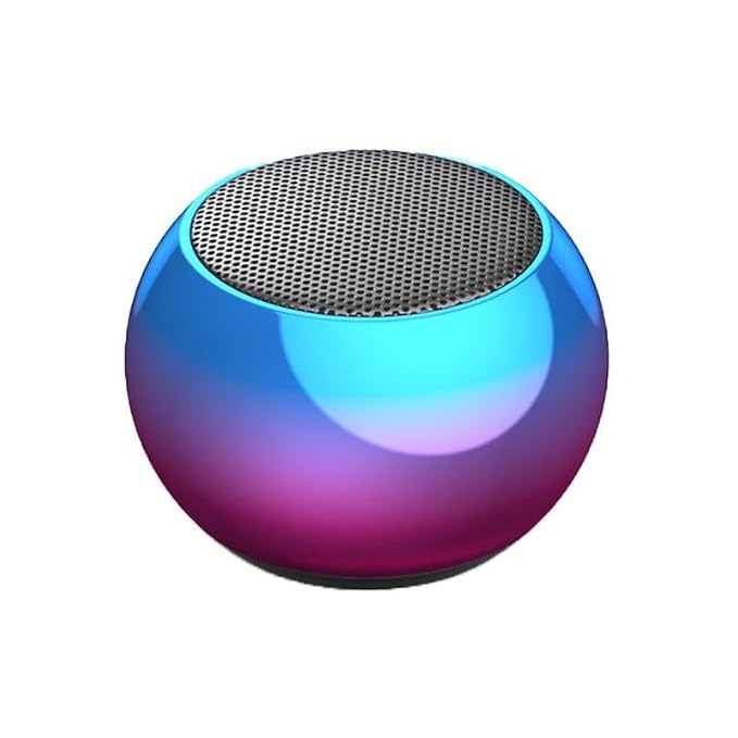Multicolor Mini Boost 4 Bluetooth speaker with 4D sound, electroplated round steel design, compact portable audio device.