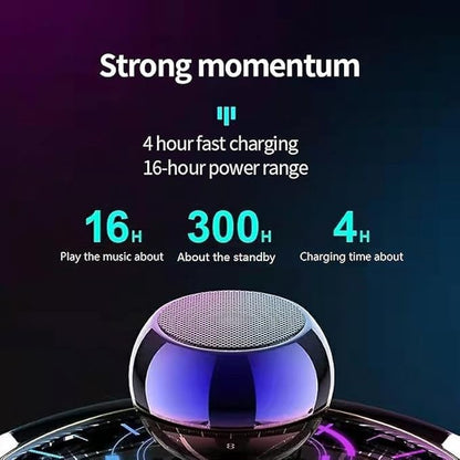 Multicolor Mini Boost 4 Bluetooth speaker featuring 4D sound, electroplated round steel design, compact and portable.