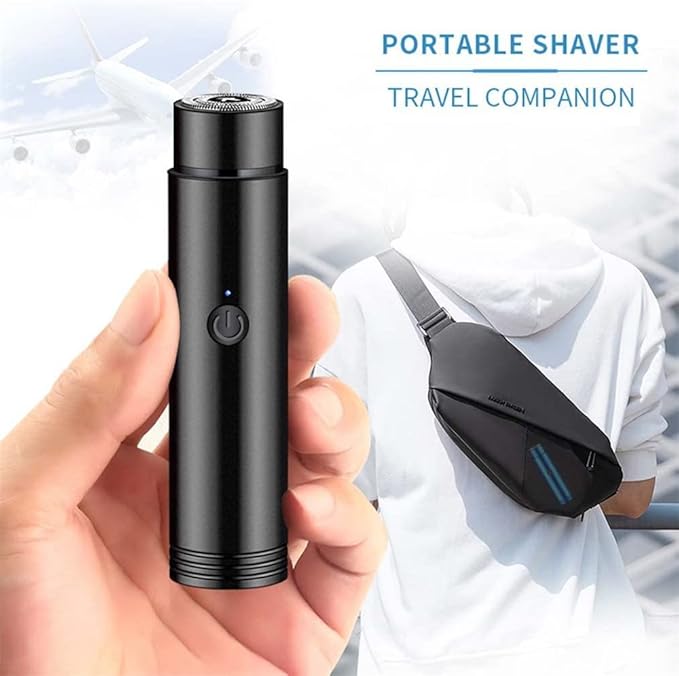 Mini portable electric shaver by 19970, waterproof IPX7, cordless, washable, USB-rechargeable men's rotary razor for wet and dry use.