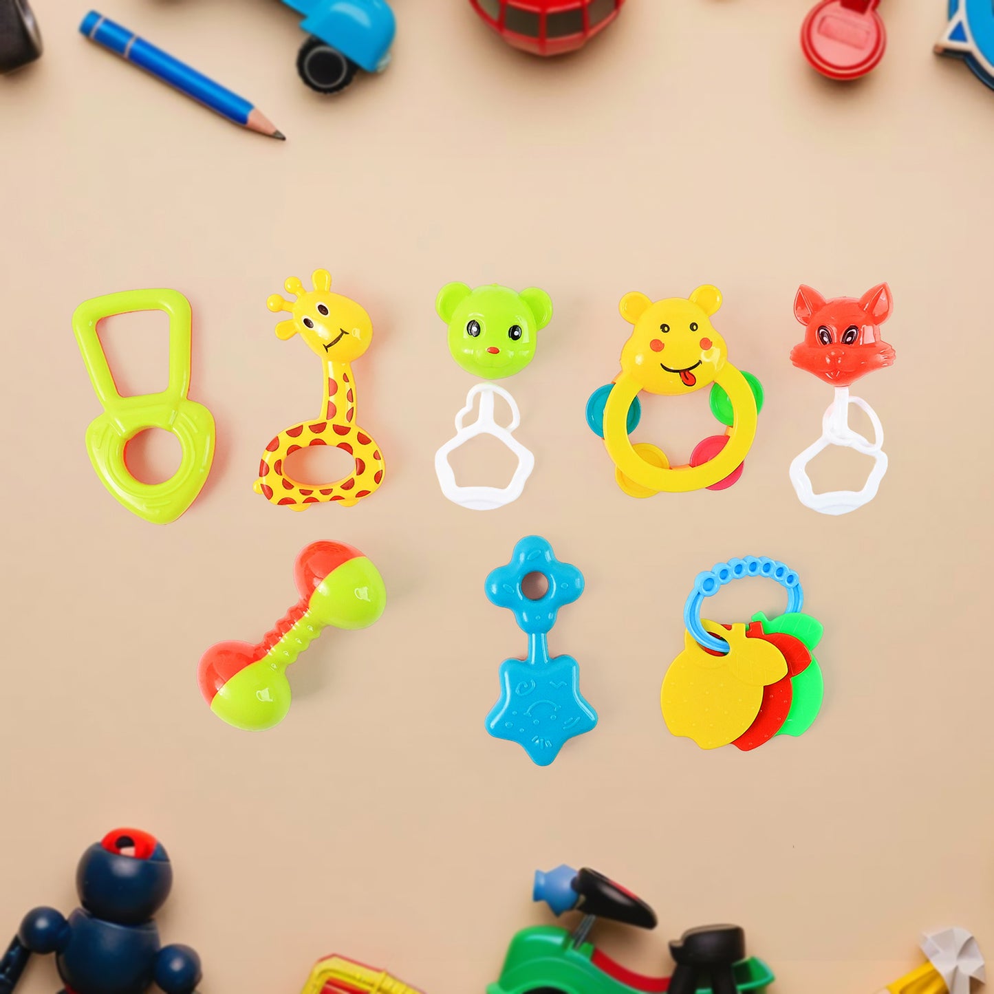 Wukusy baby rattle toy collection for infants, 8-piece set with colorful plastic rattles and soft plush toys for babies.
