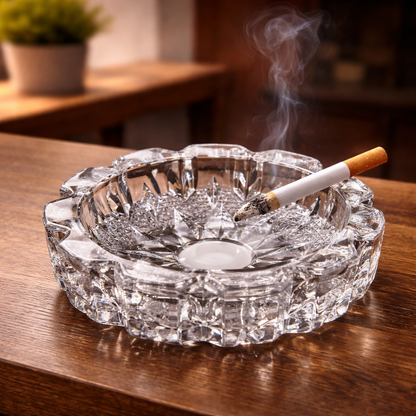 Wukusy crystal glass round ashtray with heavy-duty construction and cigarette holder, elegant smoking accessory.