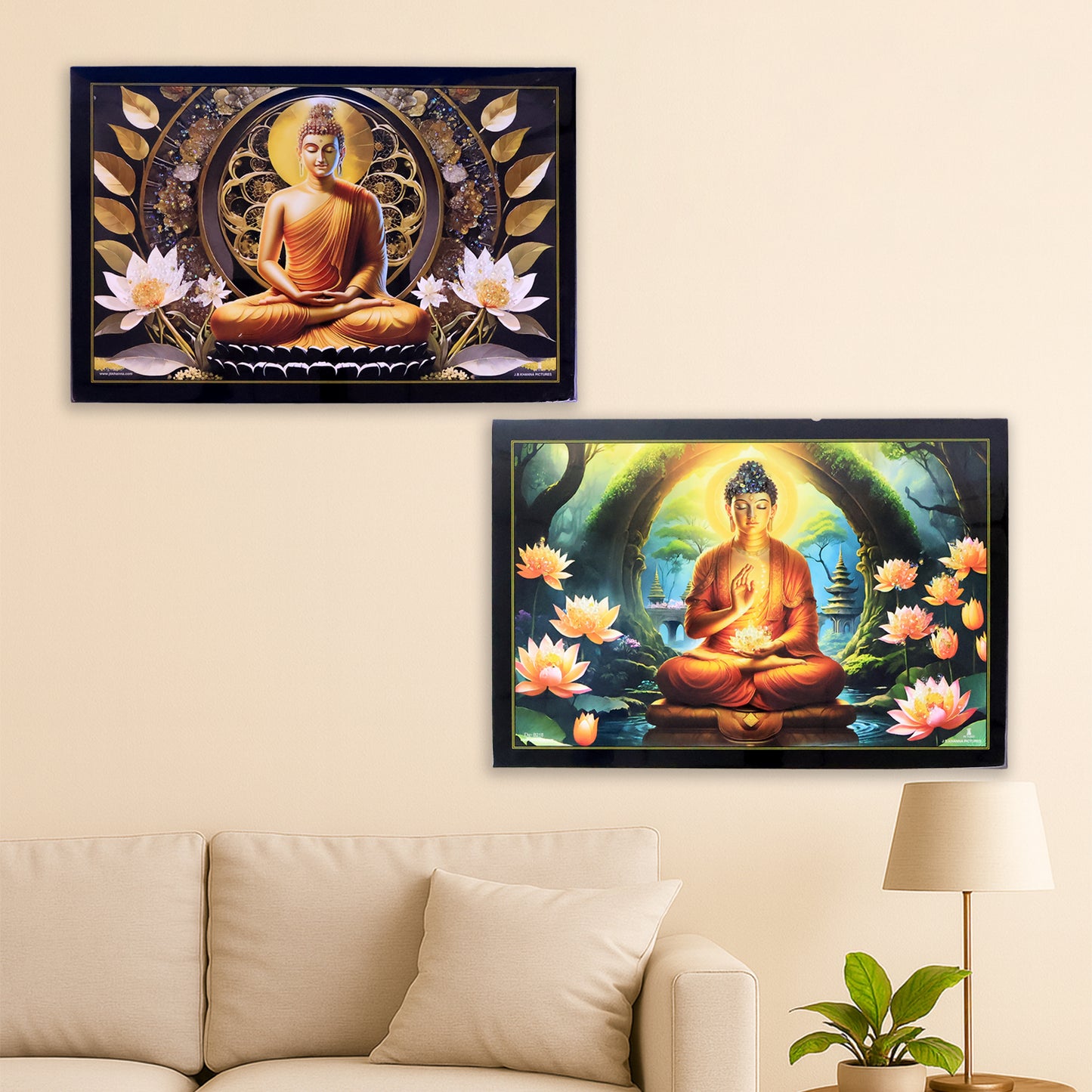 Decorative Lord Buddha wall painting with wooden frame, 45x30 cm, featuring a serene Buddha design for home decor.