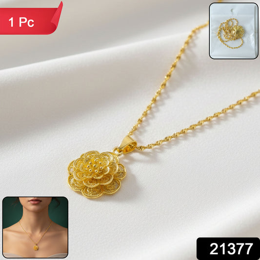 Gold plated pendant necklace with elegant floral design by Wukusy, featuring intricate flower motifs on a delicate chain.