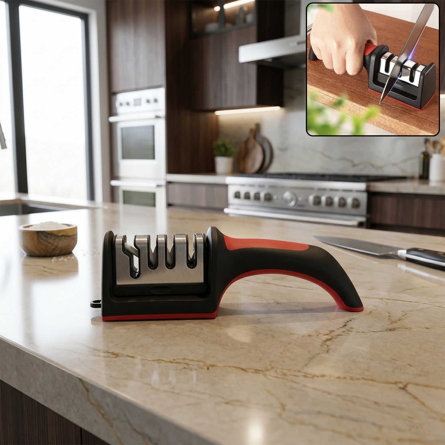 Wukusy 4-stage manual kitchen knife sharpener with non-slip base, featuring multiple sharpening slots for precise edge restoration.