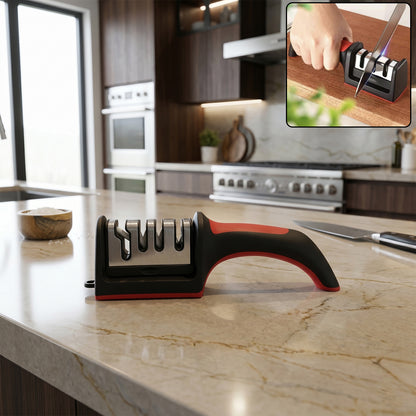 Wukusy 4-stage manual kitchen knife sharpener with non-slip base, featuring multiple sharpening slots for precise edge restoration.