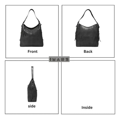 Black vegan leather shoulder bag with adjustable strap, spacious and water-resistant, ideal for camping and hiking adventures.