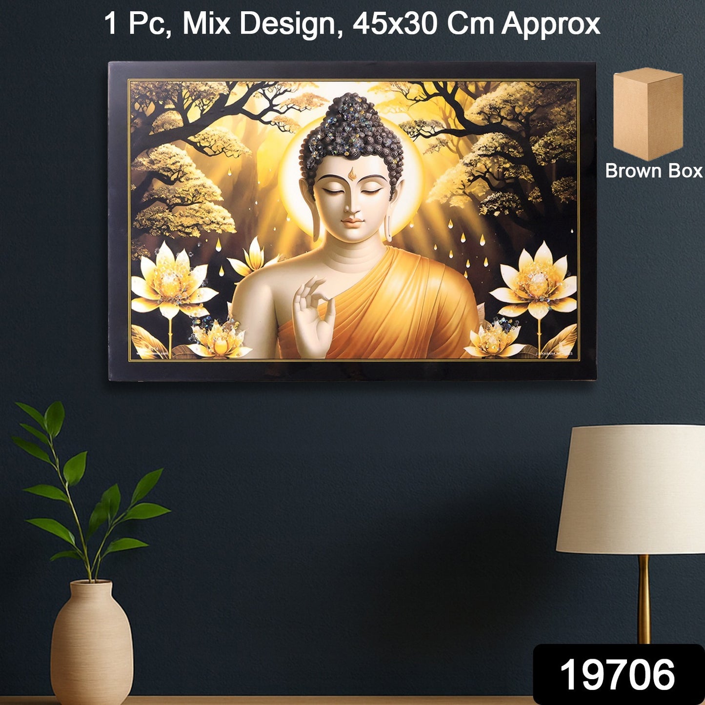 Decorative Lord Buddha wall painting with wooden frame, mix design, 45x30 cm, home decor by Wukusy, displayed on a wall.