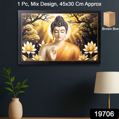 Decorative Lord Buddha wall painting with wooden frame, mix design, 45x30 cm, home decor by Wukusy, displayed on a wall.