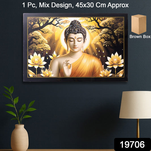 Decorative Lord Buddha wall painting with wooden frame, mix design, 45x30 cm, home decor by Wukusy, displayed on a wall.