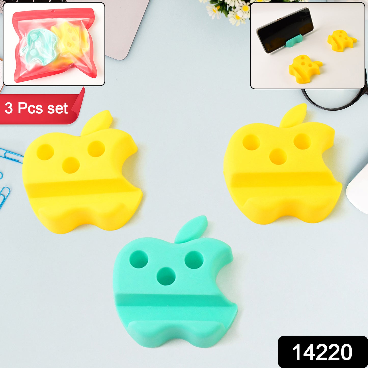 Three multicolored Apple-shaped plastic mobile stands with pen holders, versatile mobile accessories by Wukusy.
