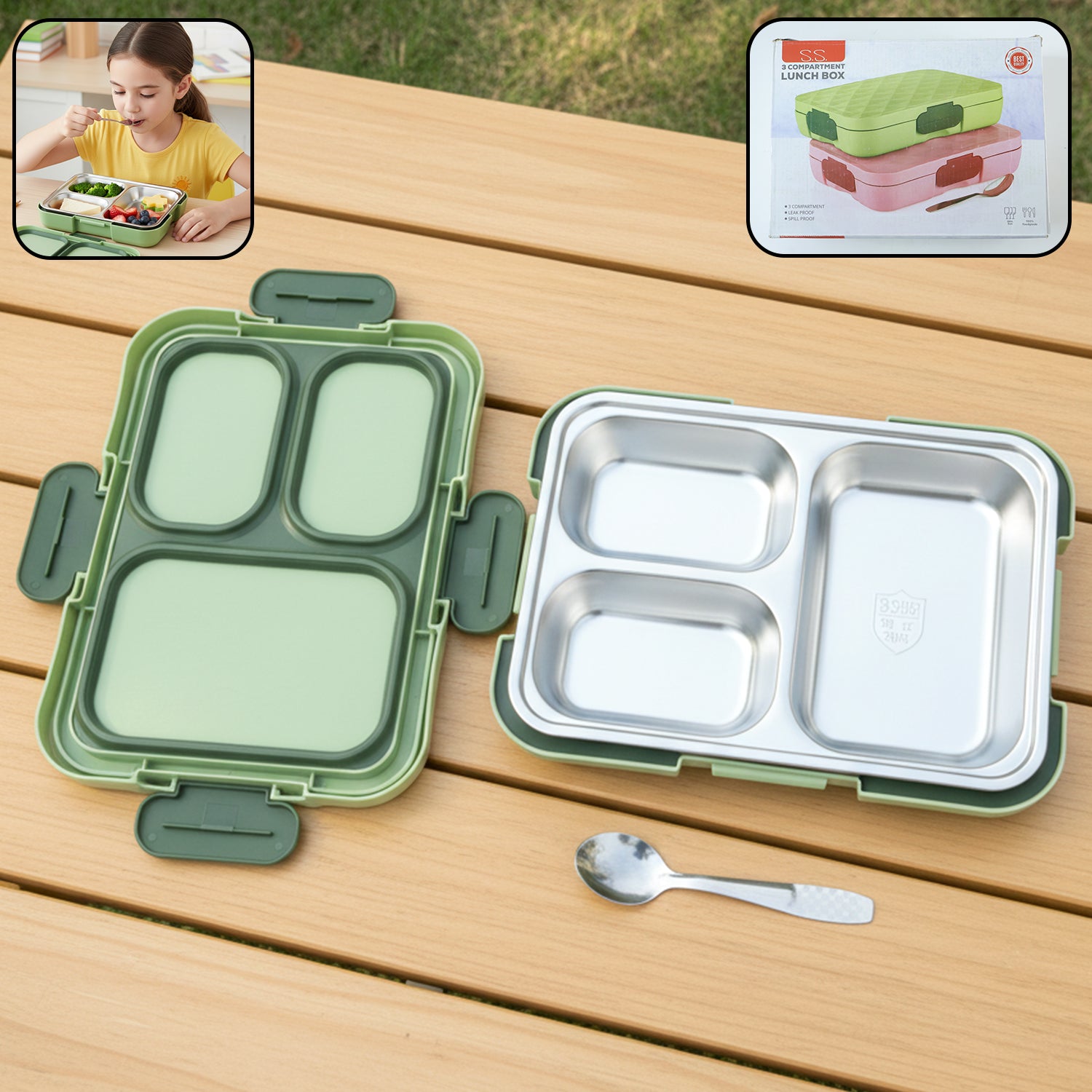 Stainless steel Wukusy Fresca 3-compartment lunch box with secure lid for food storage and portability.