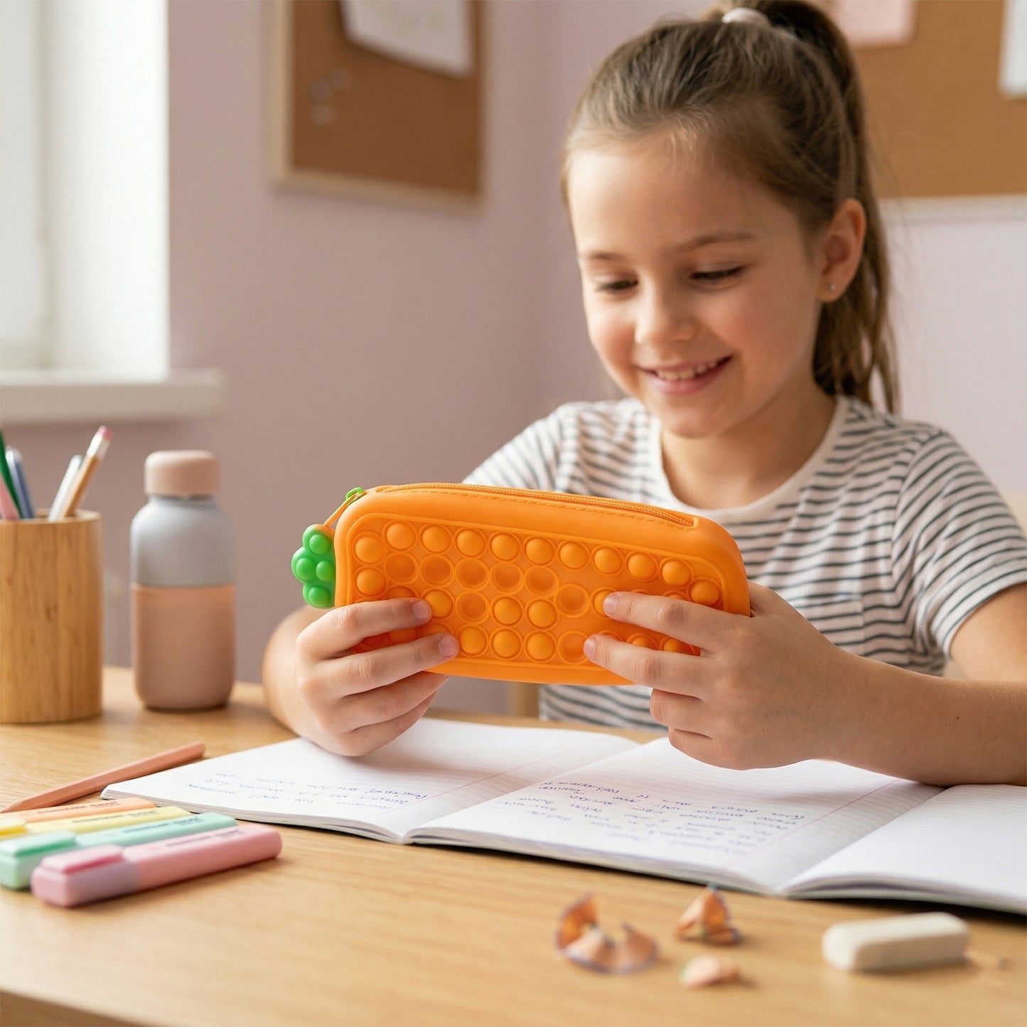 Wukusy Pop It Pencil Pouch with zipper, colorful silicone fidget toy, compact storage for pens and stationery items.