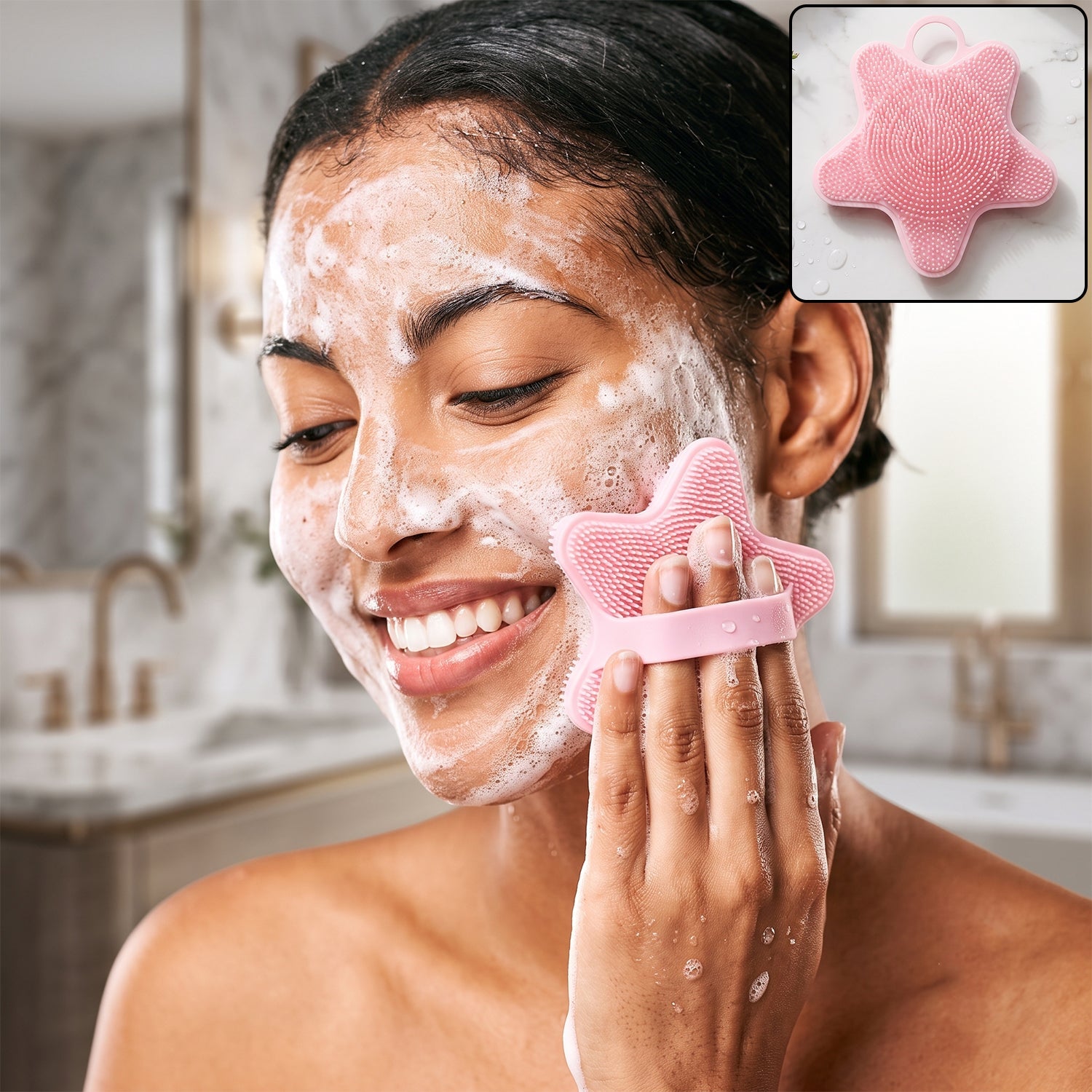 Wukusy 3-in-1 silicone scalp massager brush for shampooing, face, hair, and body cleansing with soft silicone bristles.