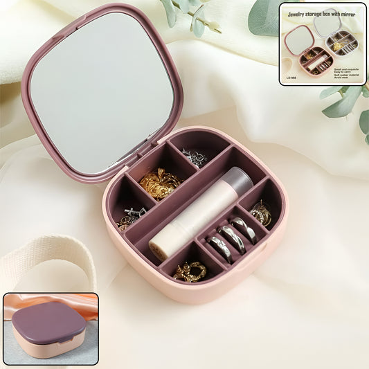Wukusy plastic jewelry storage box with built-in mirror and multi-section compartments for organizing accessories.