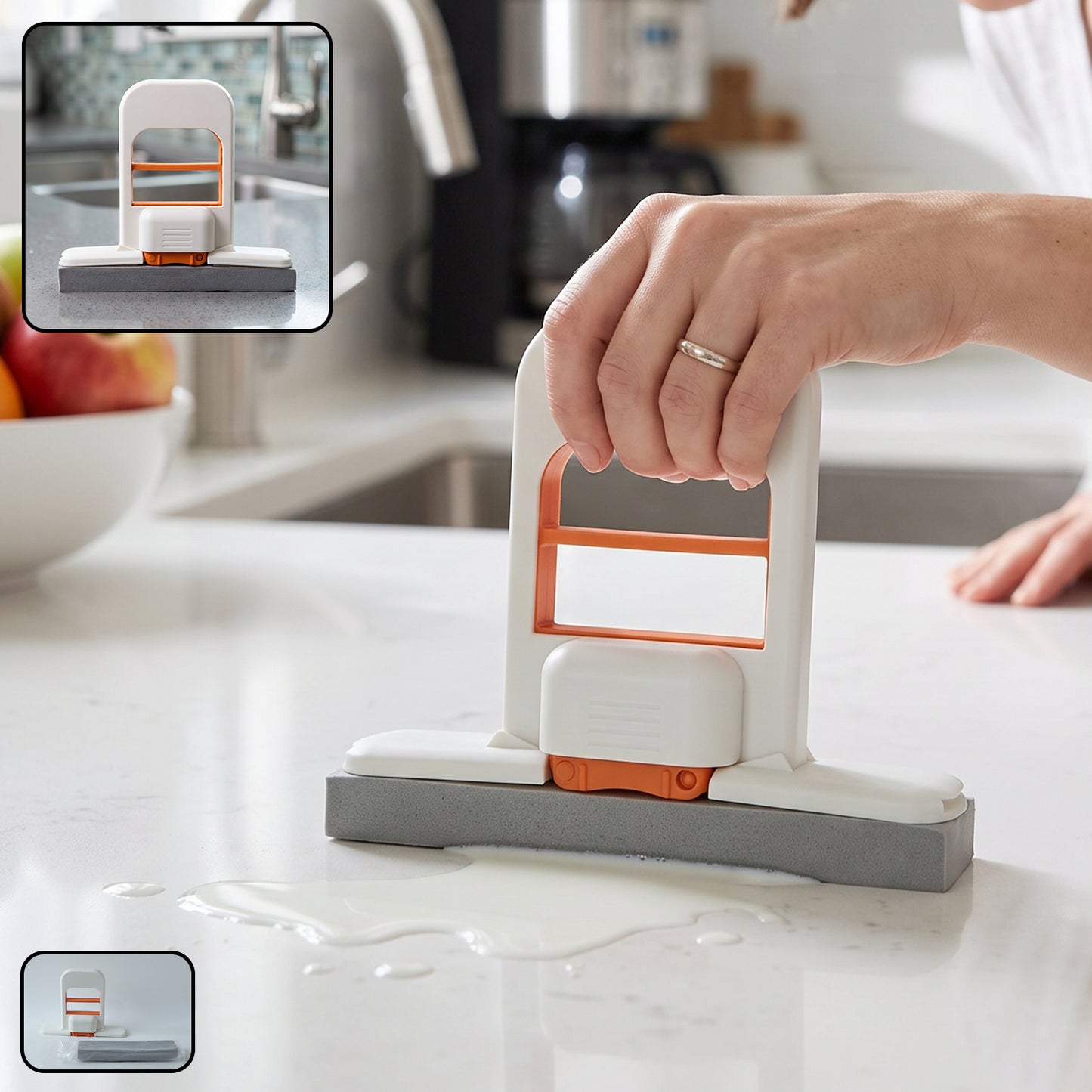 Wukusy handheld mini sponge mop for cleaning kitchen counters and glass surfaces, with squeeze feature for easy use.