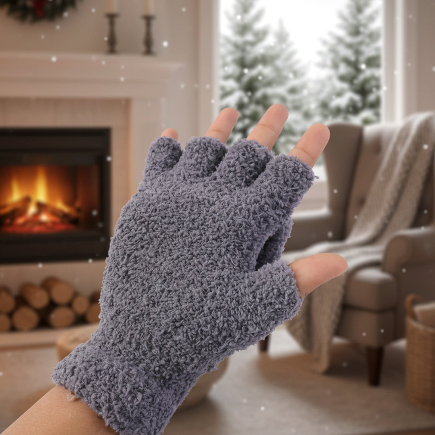 Pair of Wukusy winter fingerless gloves in soft warm fabric for men and women, shown on a white background.
