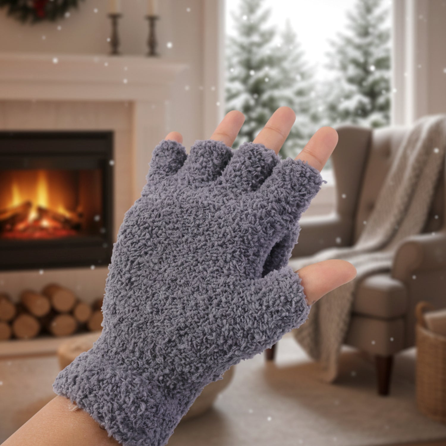 Pair of Wukusy winter fingerless gloves in soft warm fabric for men and women, shown on a white background.