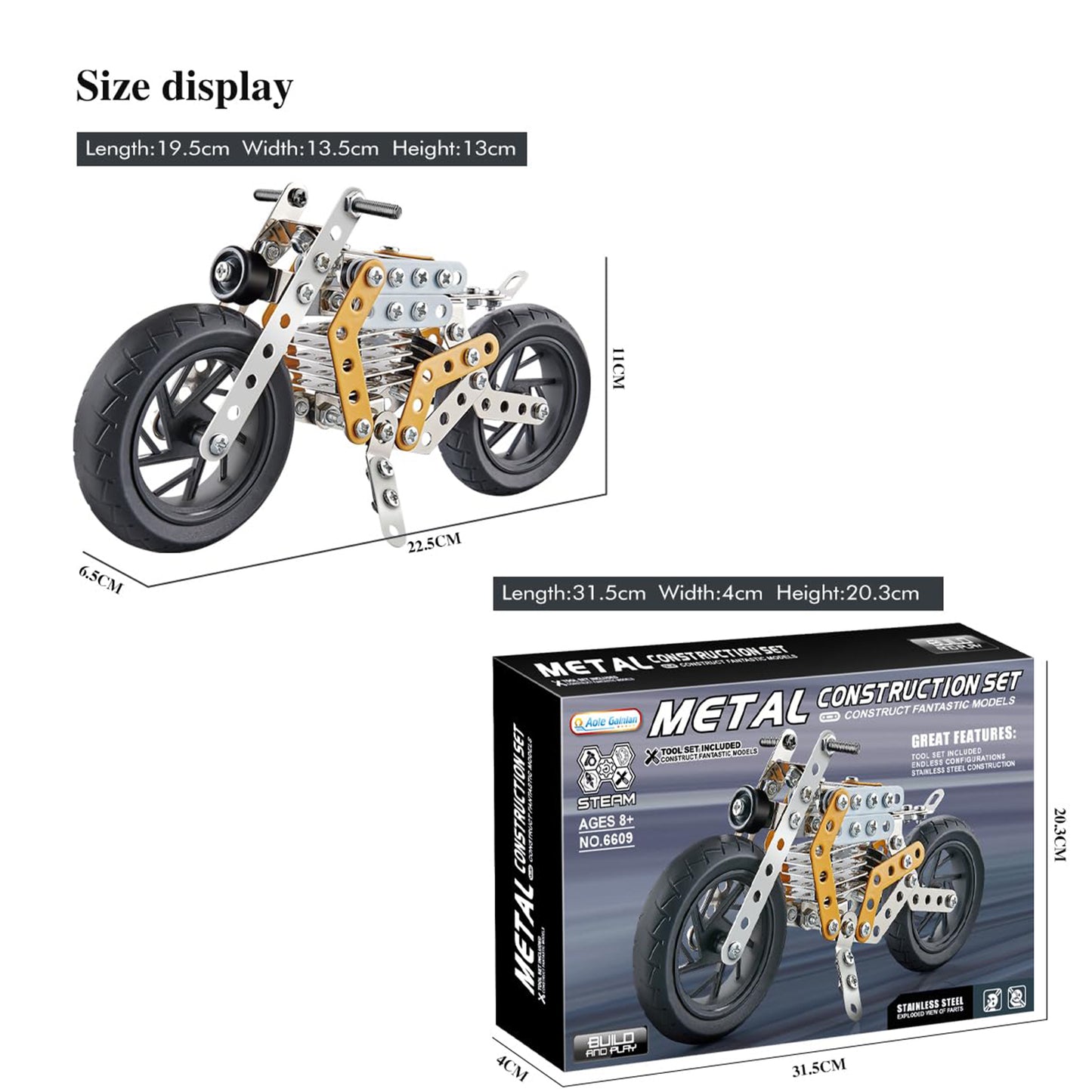 Wukusy metal DIY bike building blocks set for kids, includes 162-piece bike tools and parts for creating custom bikes.