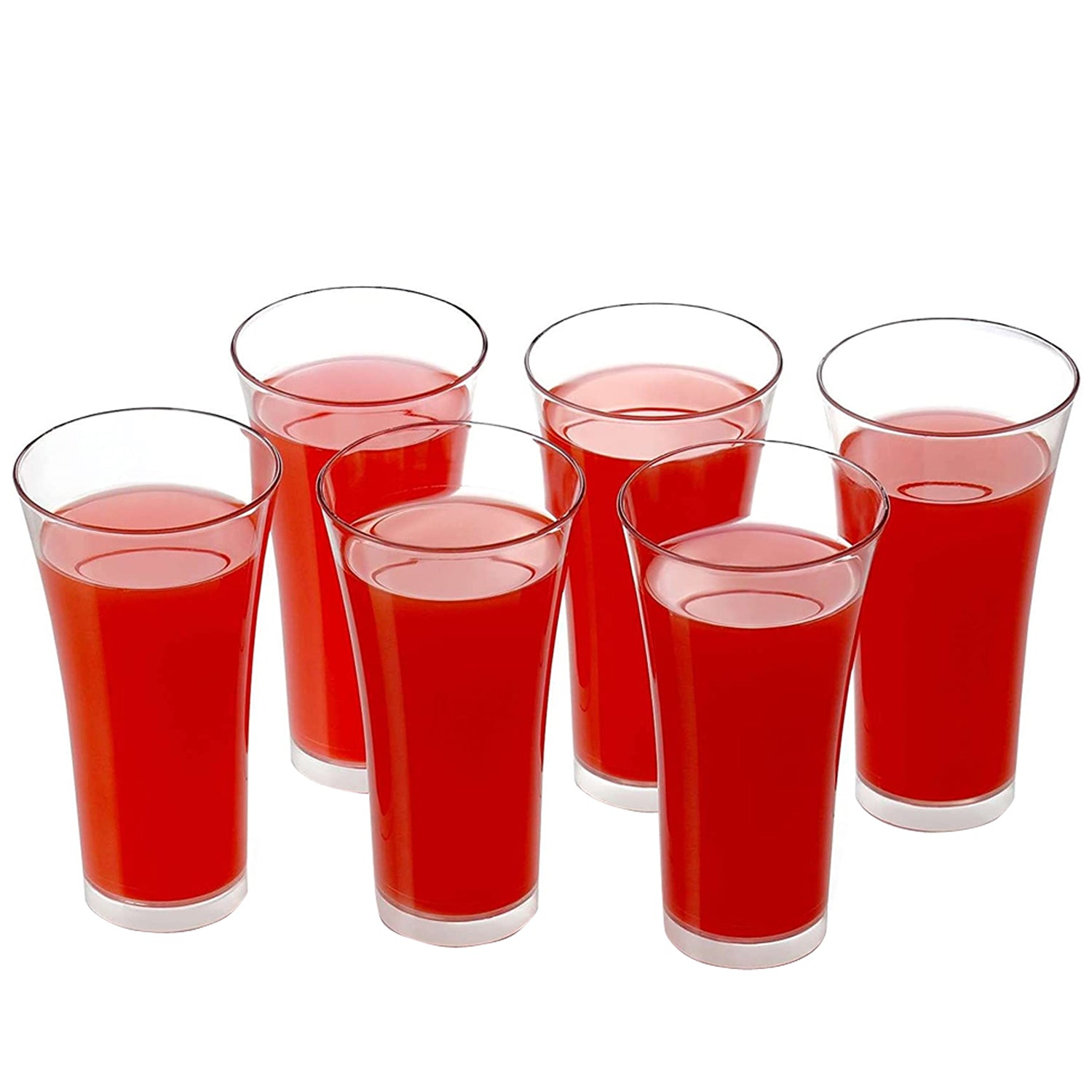 Set of 6 transparent Wukusy drinking juice and water glasses with a classic design on a white background.