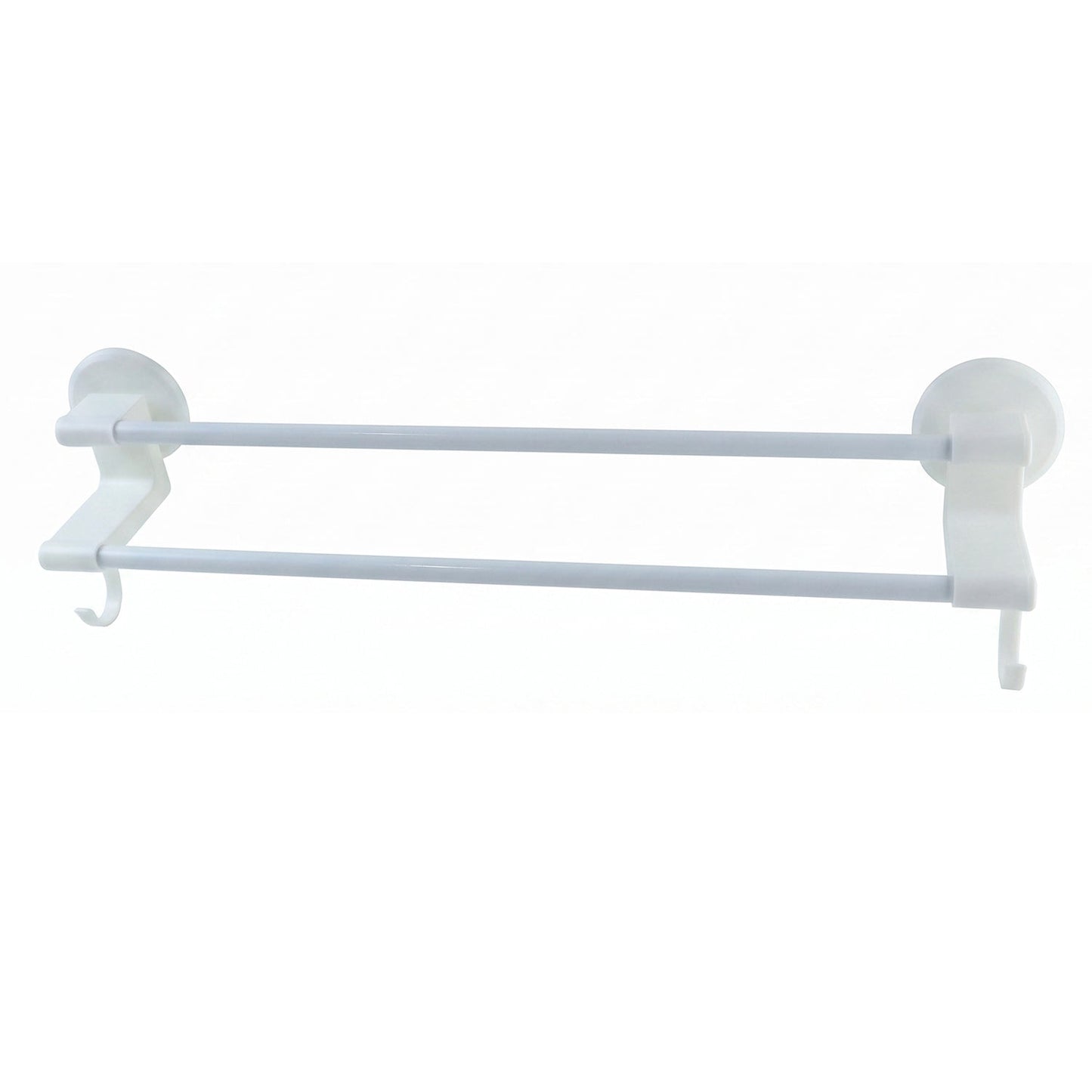 Wall-mounted Wukusy double bar towel holder rack with side hooks, stainless steel bathroom organizer for towels and accessories.