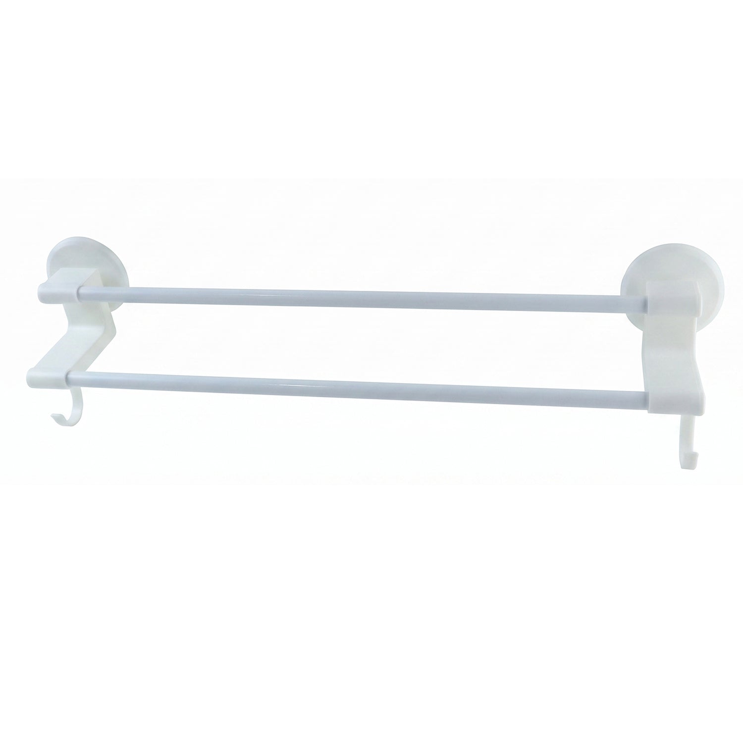 Wall-mounted Wukusy double bar towel holder rack with side hooks, stainless steel bathroom organizer for towels and accessories.
