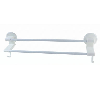 Wall-mounted Wukusy double bar towel holder rack with side hooks, stainless steel bathroom organizer for towels and accessories.