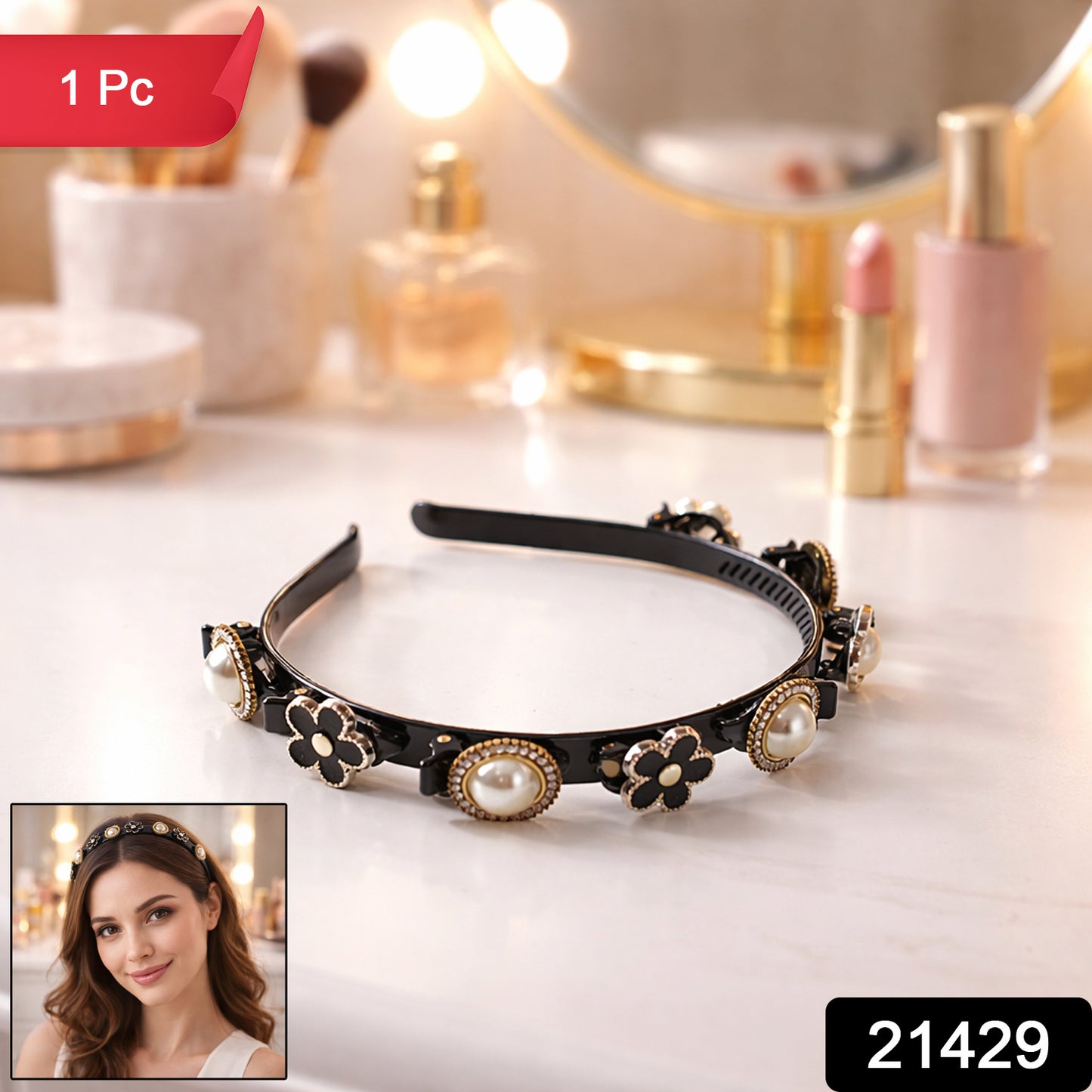 Elegant pearl floral designer hairband by Wukusy for women and girls, featuring pearls and floral accents.