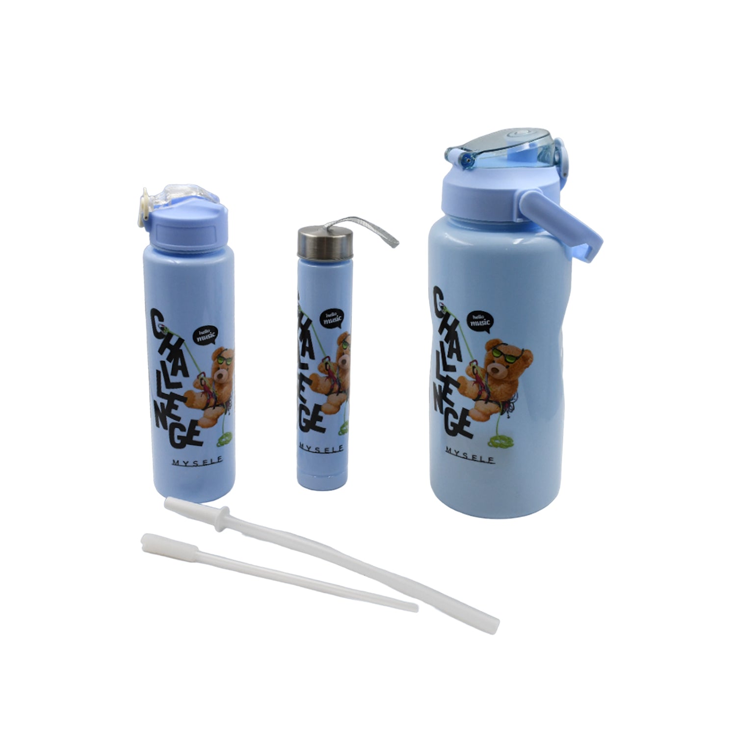 Set of three Wukusy plastic water bottles in different sizes with cartoon prints, BPA-free, leak-proof, suitable for kids, school, and sports.