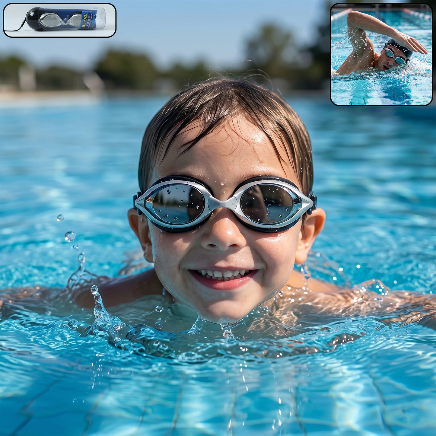 Kids swim goggles by Wukusy with leakproof design and anti-fog eye protection, suitable for children during swimming activities.
