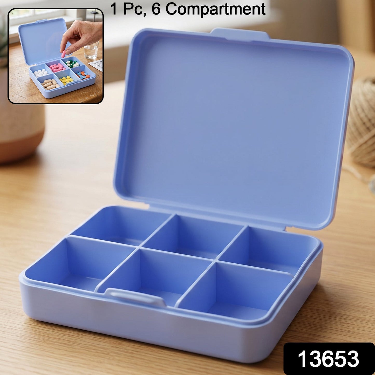 Wukusy 6-compartment plastic pill organizer box with portable medicine storage case, showing individual compartments and secure lid.