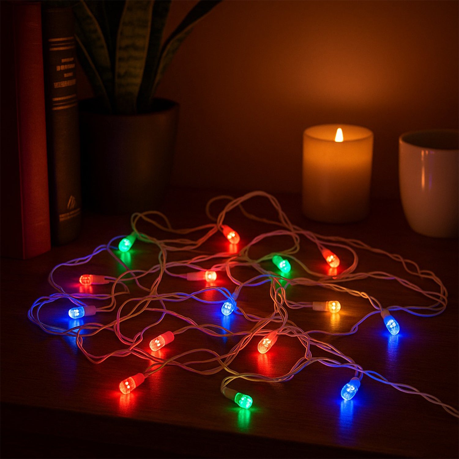 Wukusy multi-color LED decorative string light, 8 meters long, with colorful bulbs glowing for festive ambiance.