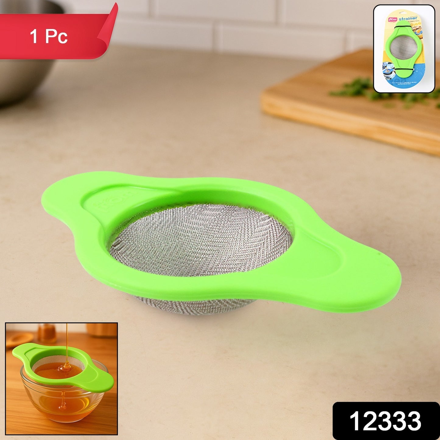Wukusy stainless steel mesh strainer with dual handle plastic frame for fine sifting and straining in the kitchen.