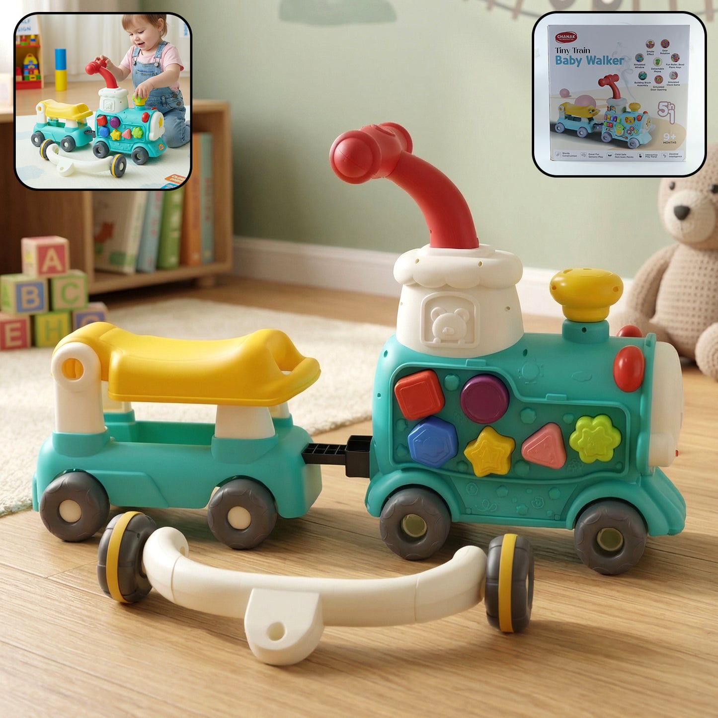 Wukusy Aditi Tiny Train baby walker with push handle, colorful ride-on toy for toddlers, designed for early walking support