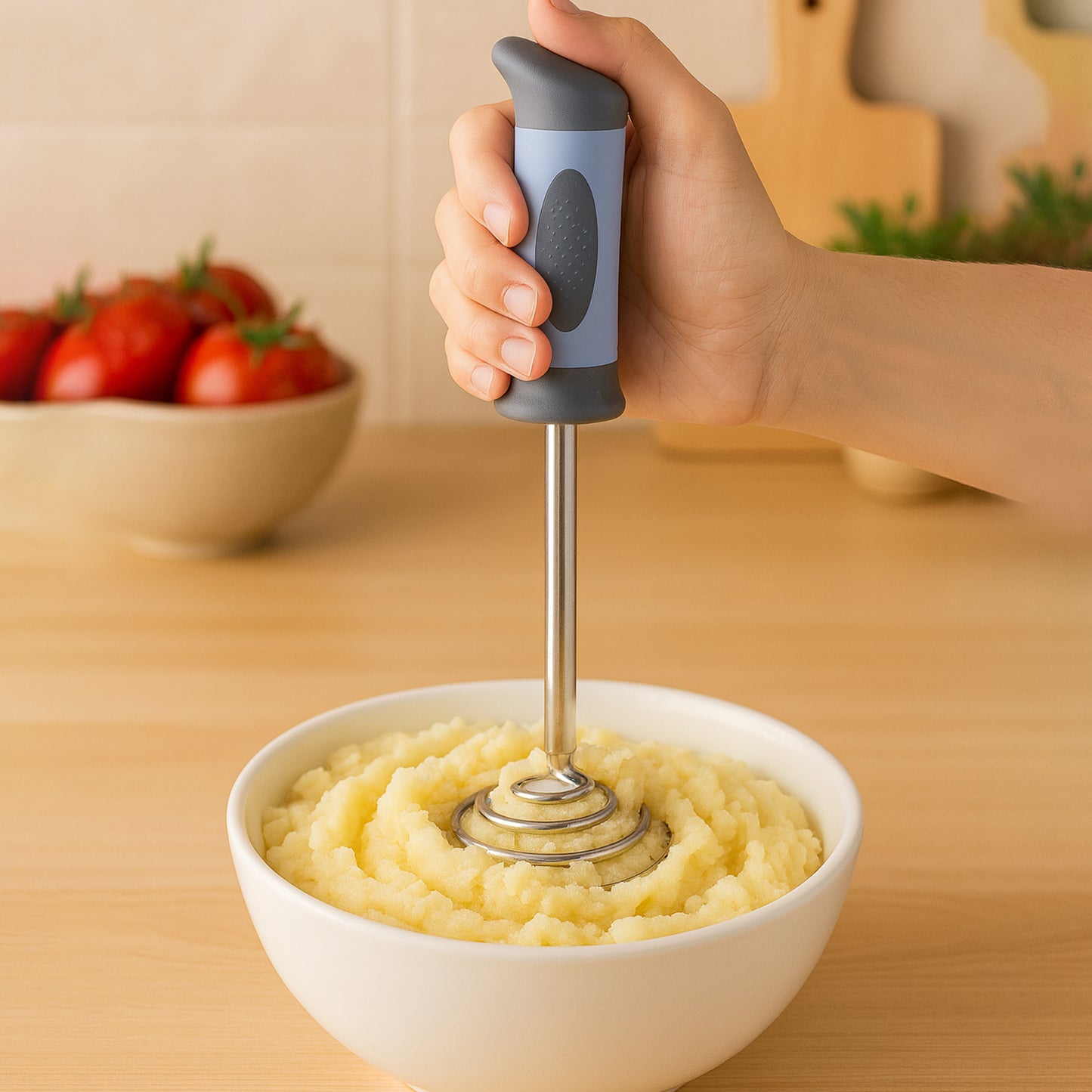 Wukusy Supermom Spring Omasher heavy-duty stainless steel vegetable and potato masher for kitchen use.