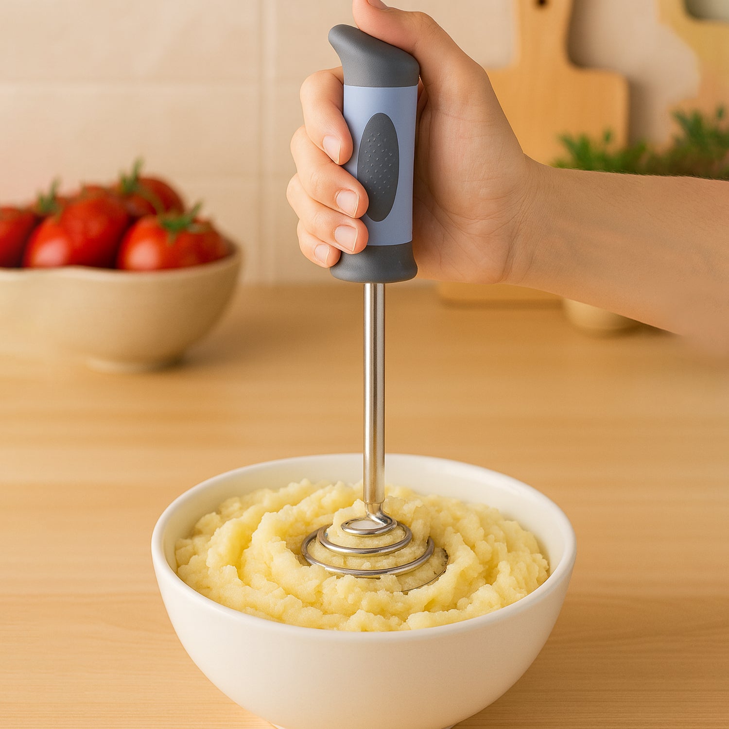 Wukusy Supermom Spring Omasher heavy-duty stainless steel vegetable and potato masher for kitchen use.