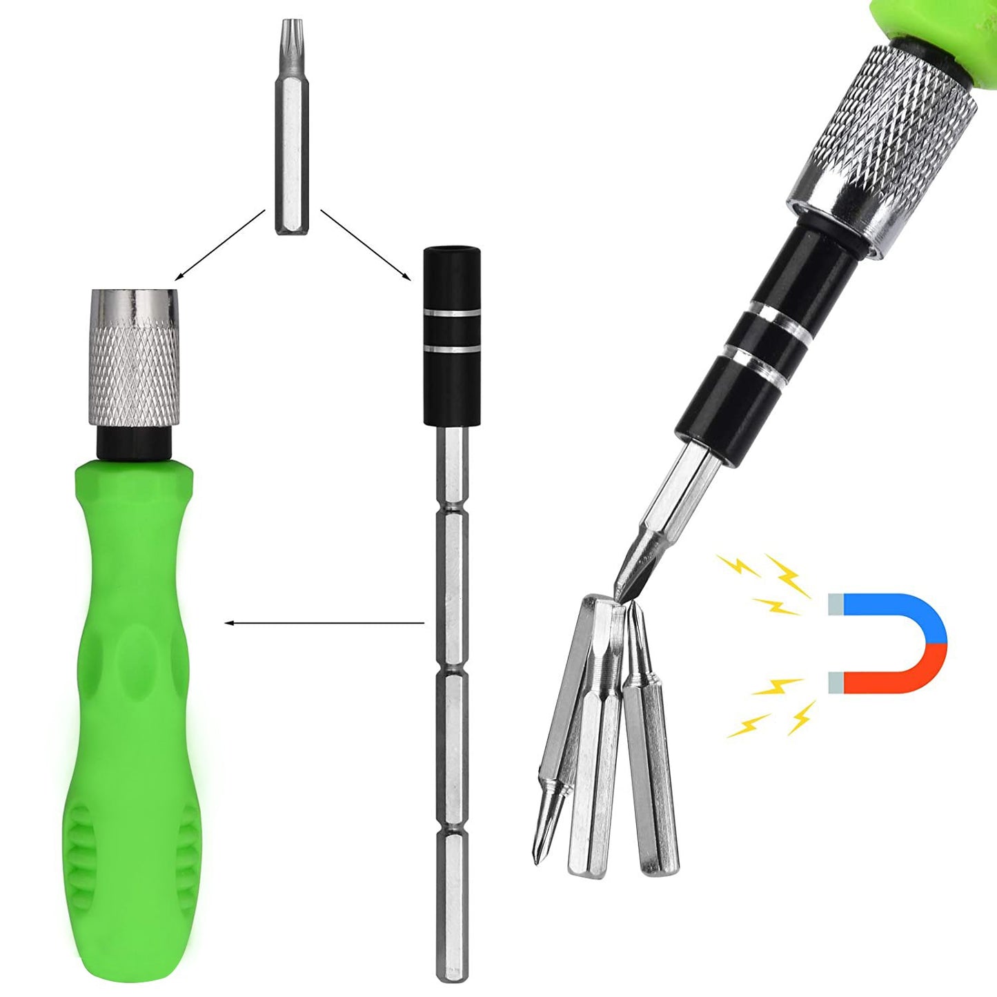 Wukusy 32-in-1 mini screwdriver bits set with magnetic flexible extension rod, featuring various bits and compact design for versatile repairs.