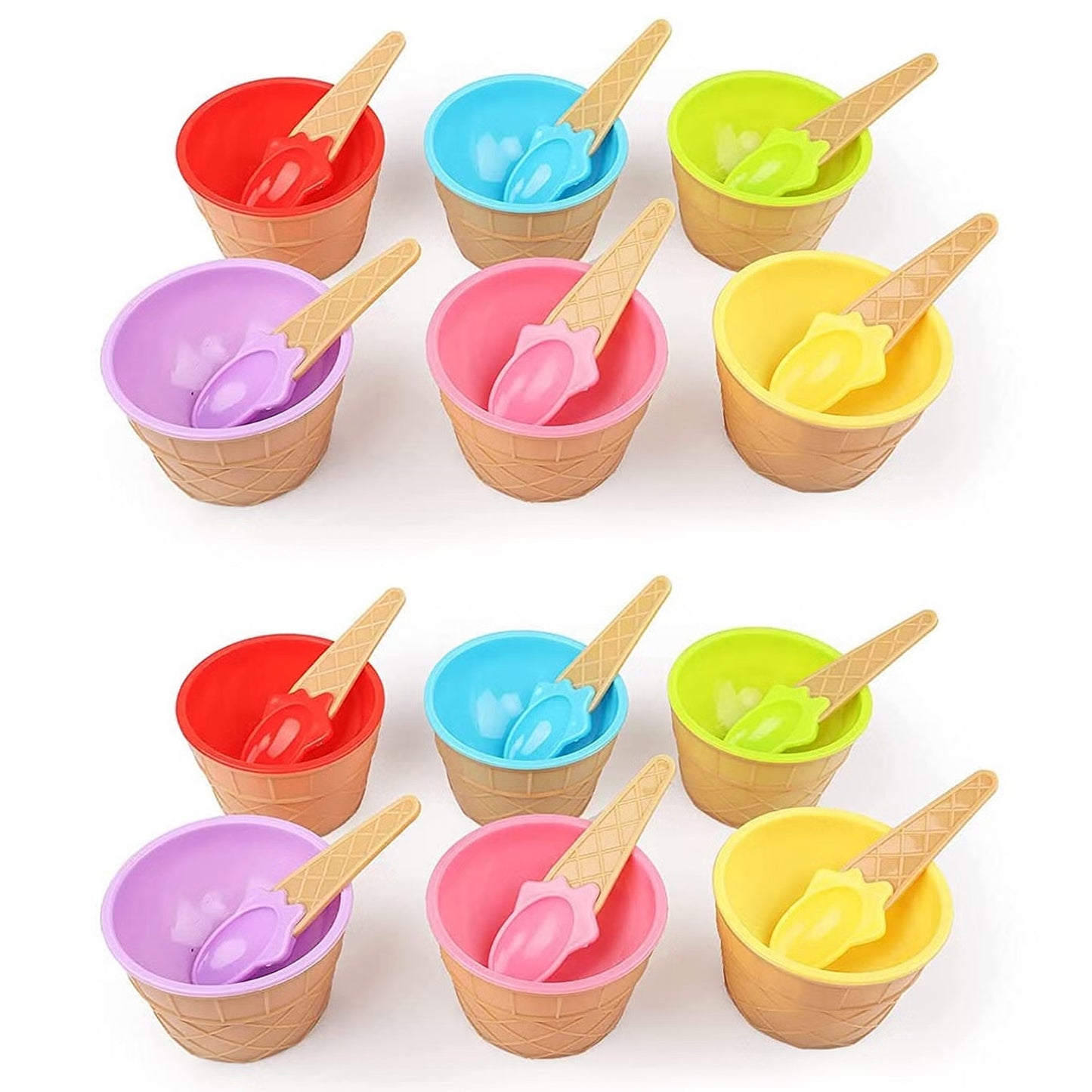 Wukusy 12-piece plastic ice cream bowl and spoon set in solid multi-color, perfect for serving desserts and snacks.