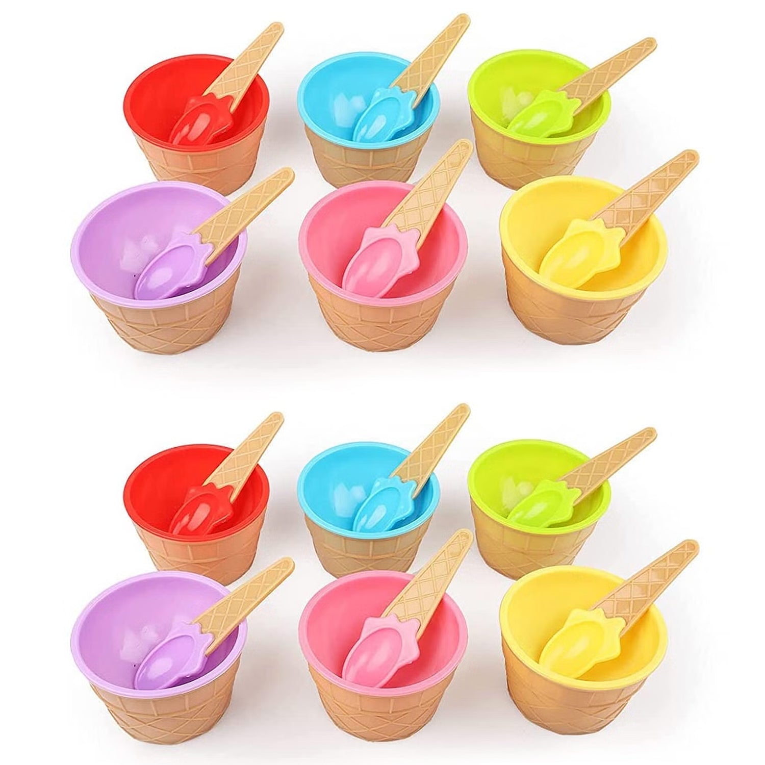 Wukusy 12-piece plastic ice cream bowl and spoon set in solid multi-color, perfect for serving desserts and snacks.