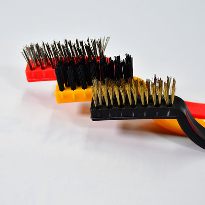 Wukusy 2166 3-piece mini wire brush set with brass, nylon, and stainless steel bristles for cleaning gas stoves, tiles, and rust removal.