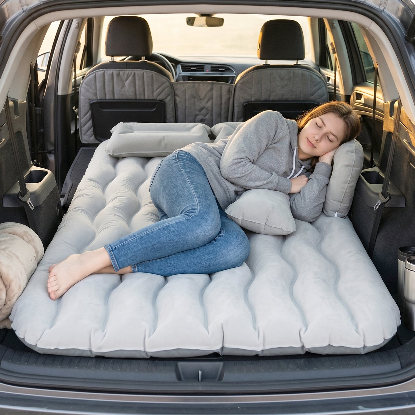 Grey portable car air mattress set with pump and pillows, inflatable car bed for camping or road trips by Wukusy.