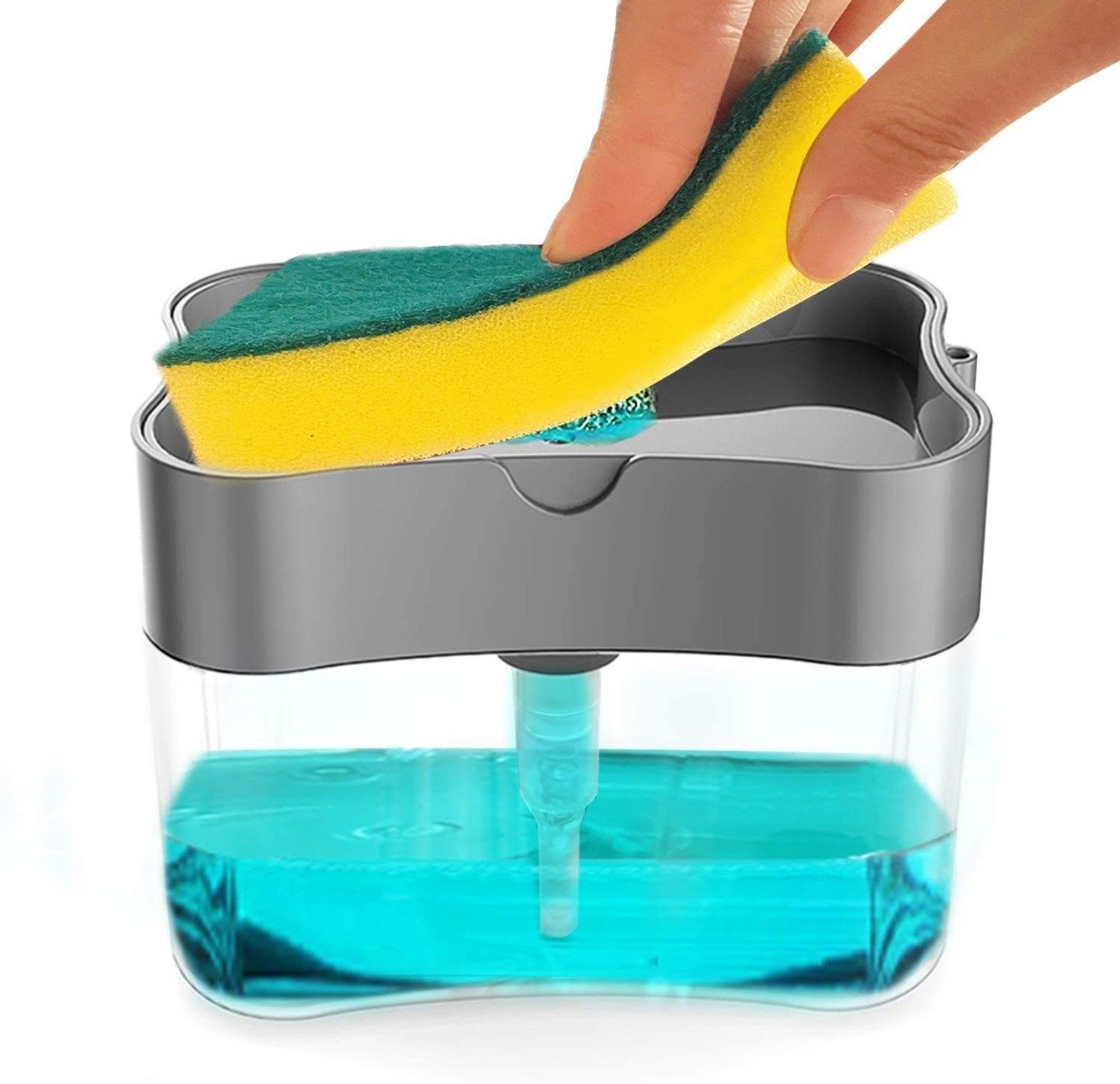 Wukusy 2-in-1 liquid soap dispenser on countertop with sponge holder, sleek home and kitchen accessory for organizing soap and sponges.